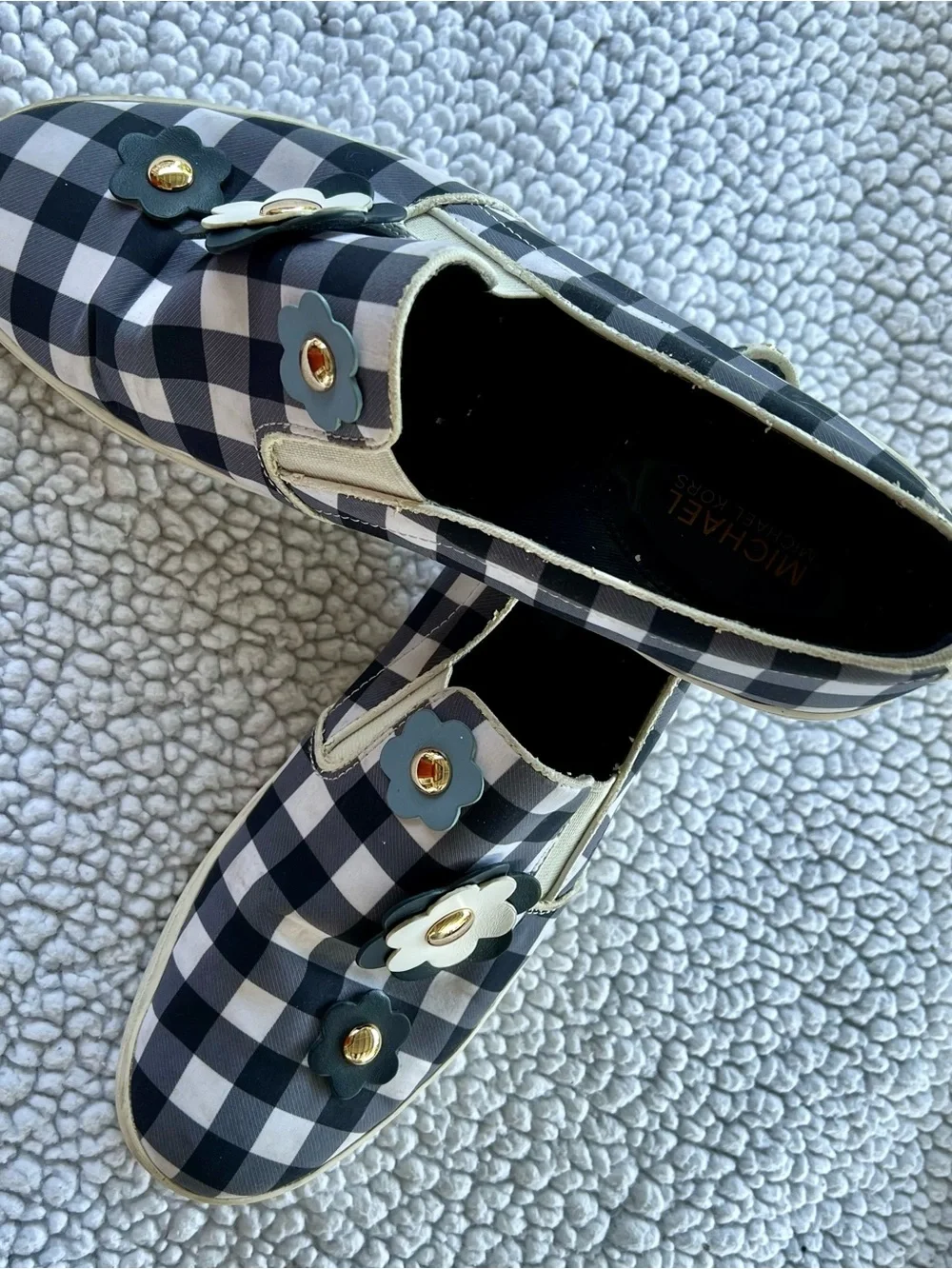 Michael Kors Navy and White Gingham Slip-On Sneakers with Flower Appliqués